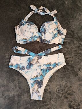 Blue Marble Print Bikini Set